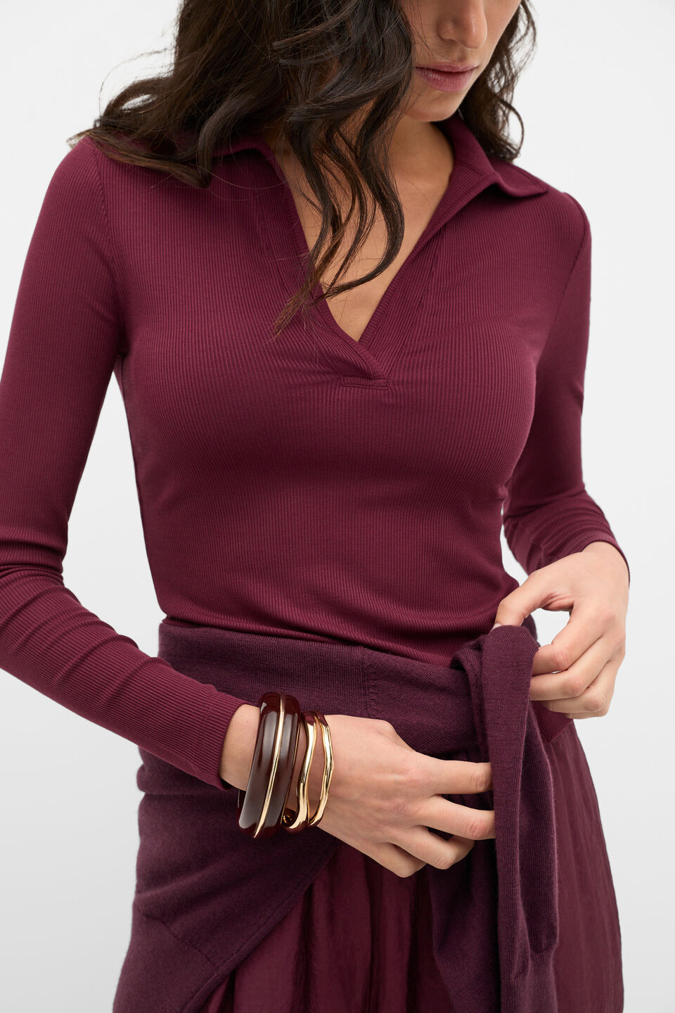 Core Rib Collared Top  Plum Red