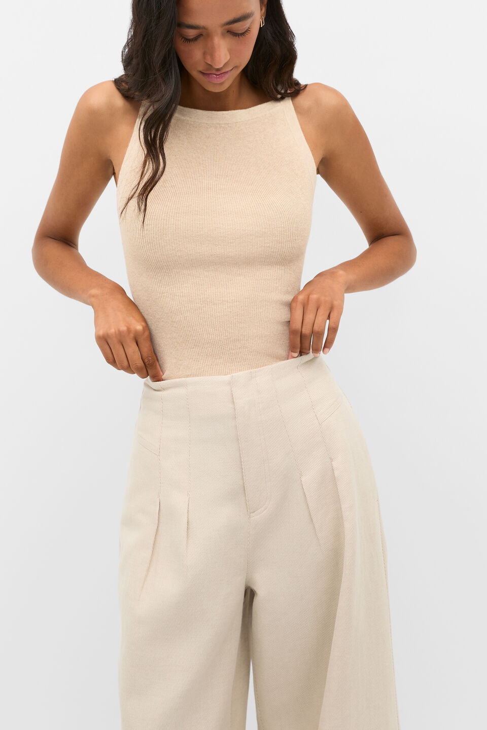 Cotton Blend Rib Knit Top  Ecru Marle