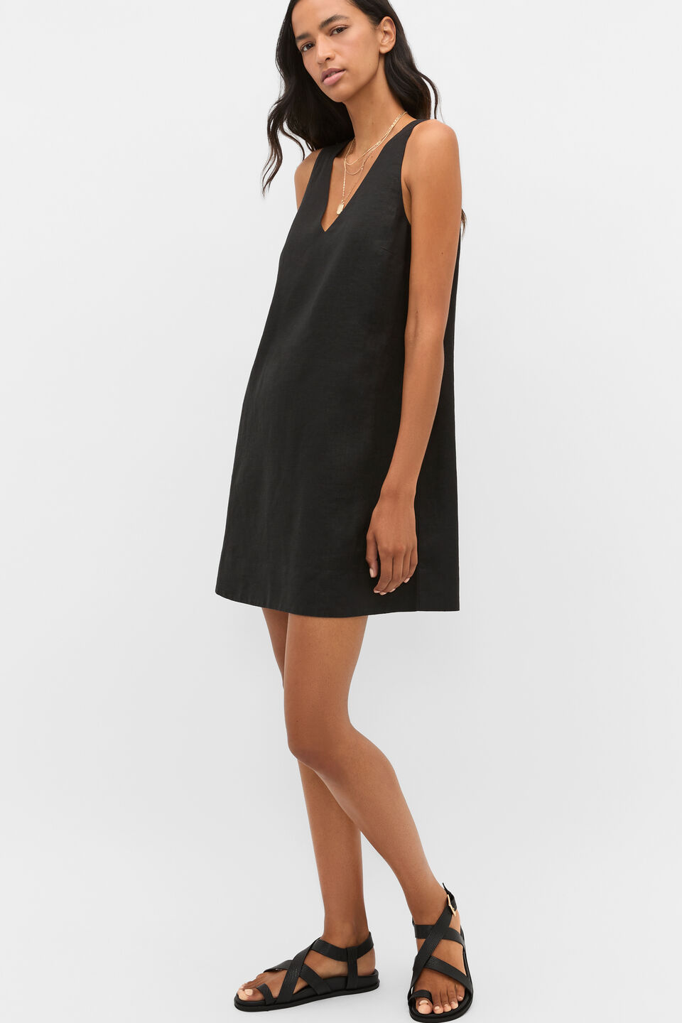 Linen V Neck Mini Dress  Black