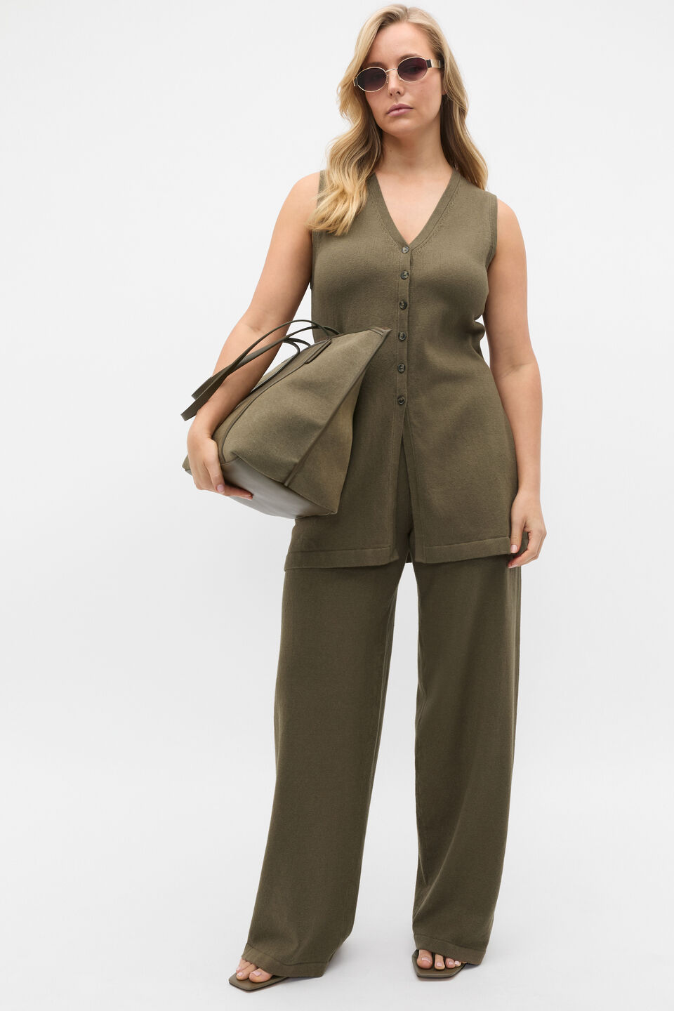 V Neck Button Through Knit Vest  Olive Leaf