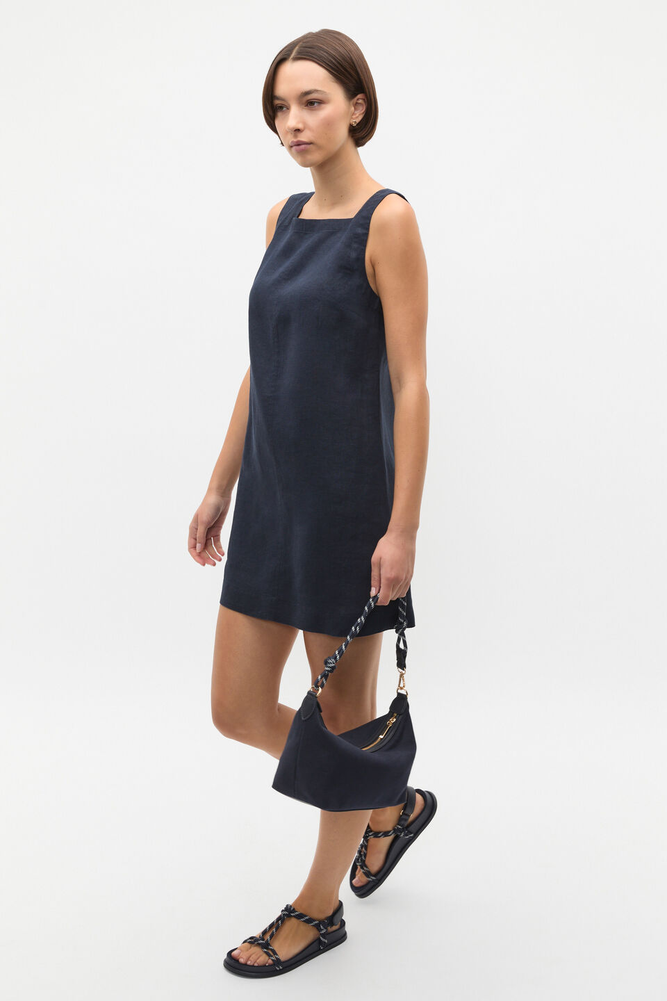 Linen Square Neck Mini Dress  Twilight Blue