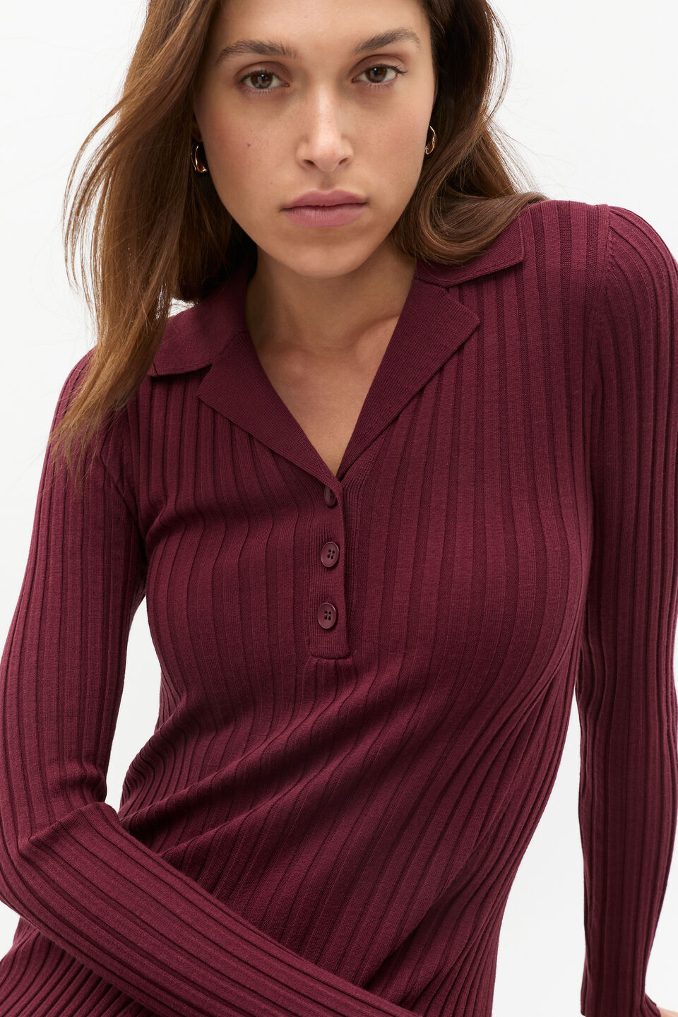 Rib Polo Knit Midi Dress  Plum Red
