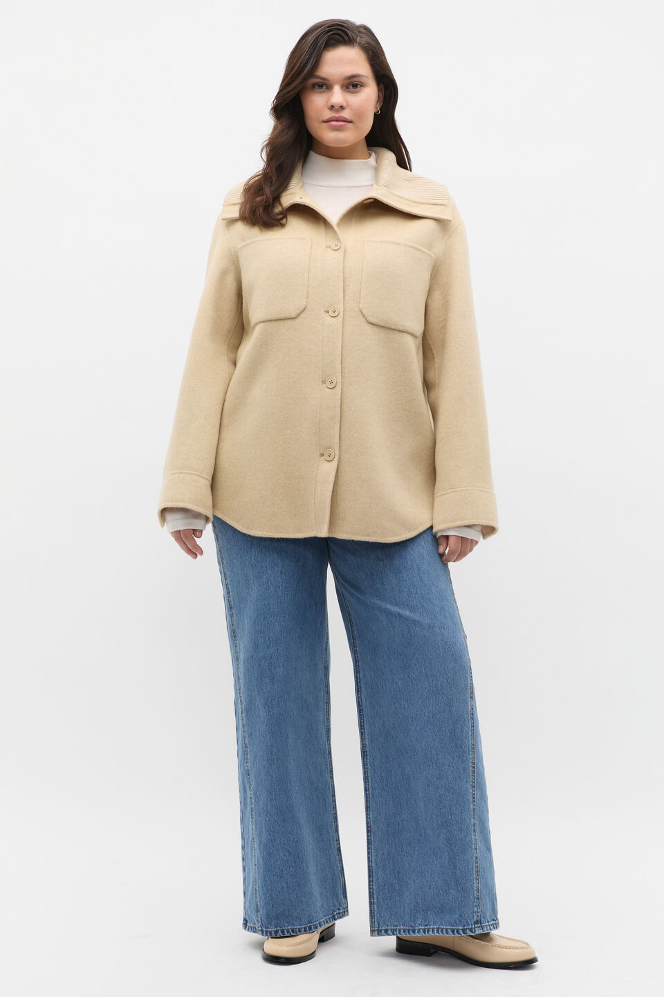 Wool Blend Rib Collar Shacket  Latte Marle