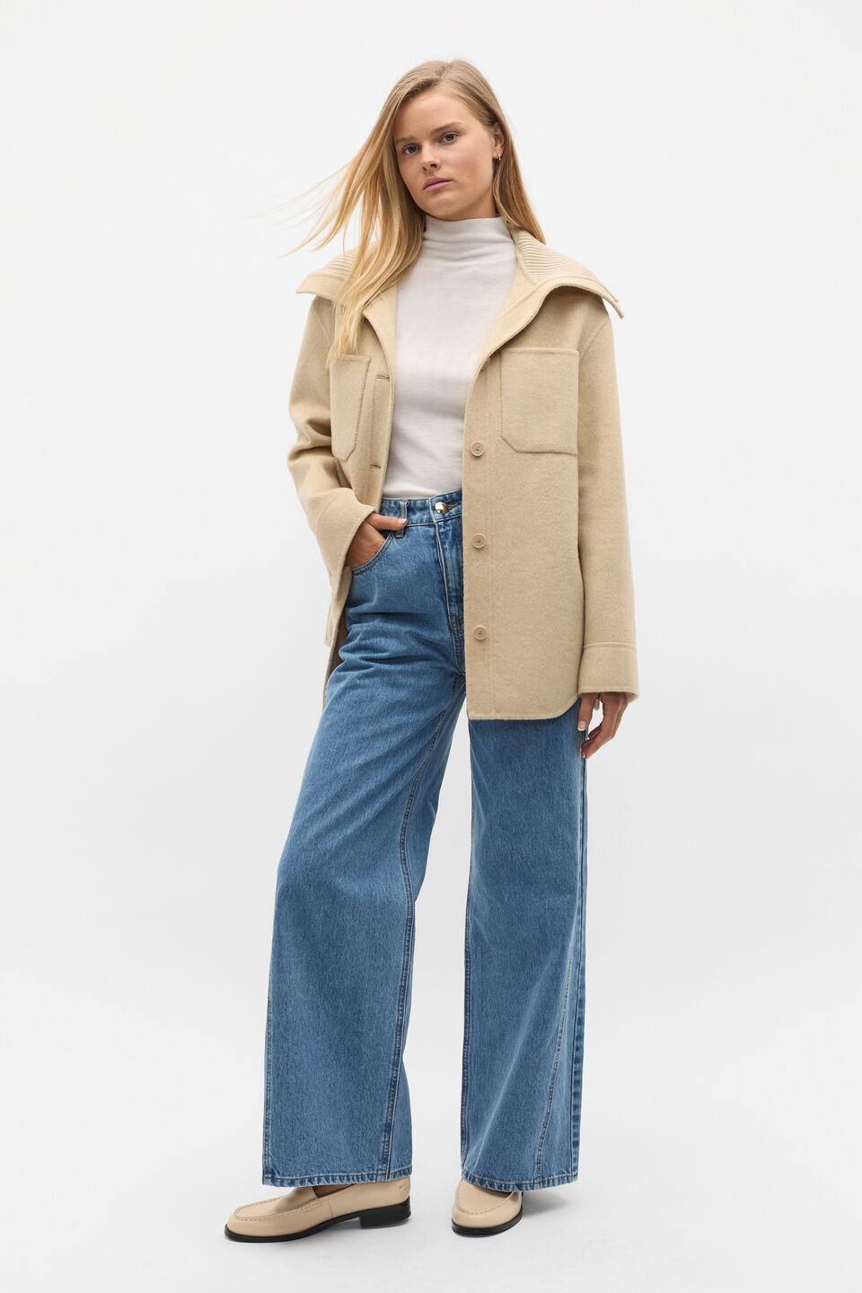 Wool Blend Rib Collar Shacket  Latte Marle