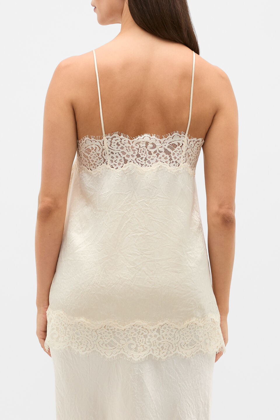 Crinkled Satin Lace Square Neck Cami  Coconut Cream