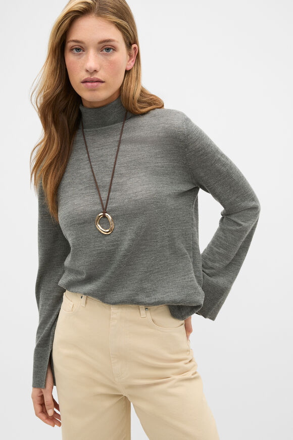 Fine Merino Mock Neck Knit  Charcoal Grey Marle  hi-res