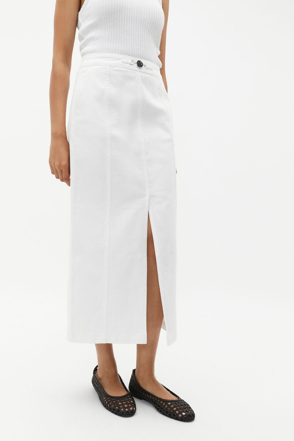 Denim Midi Buckle Skirt  White