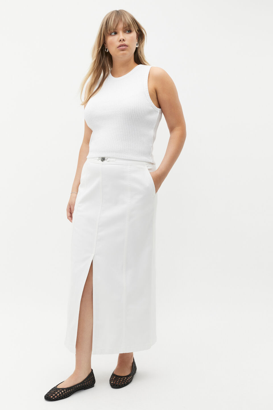 Denim Midi Buckle Skirt  White