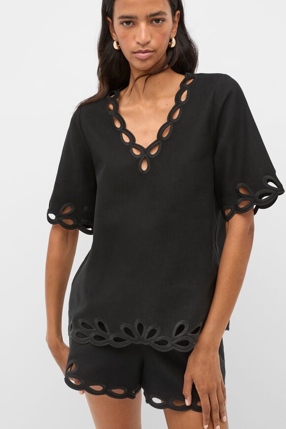 Motif Embroidered Top  Black  hi-res