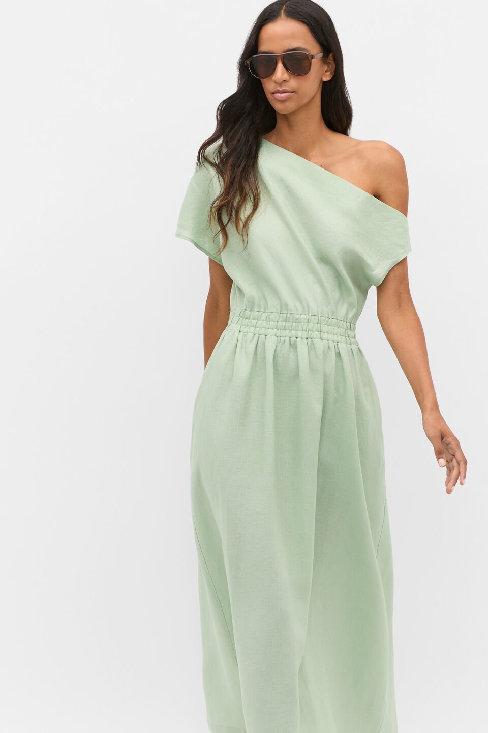 Linen Off Shoulder Maxi Dress  Eucalyptus