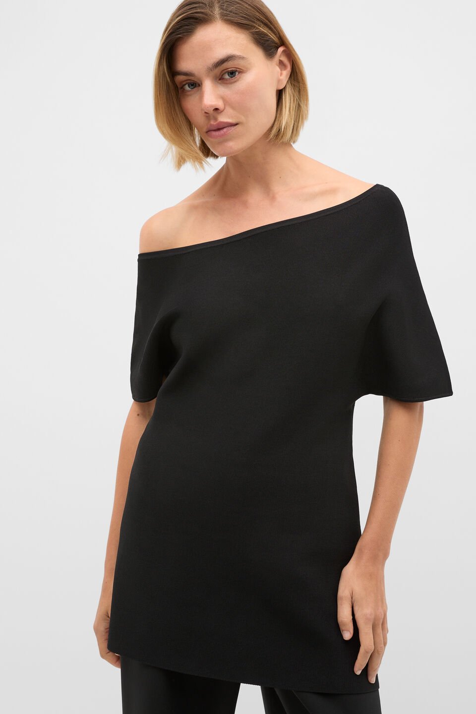 Crepe Knit Drape Shoulder Tunic  Black