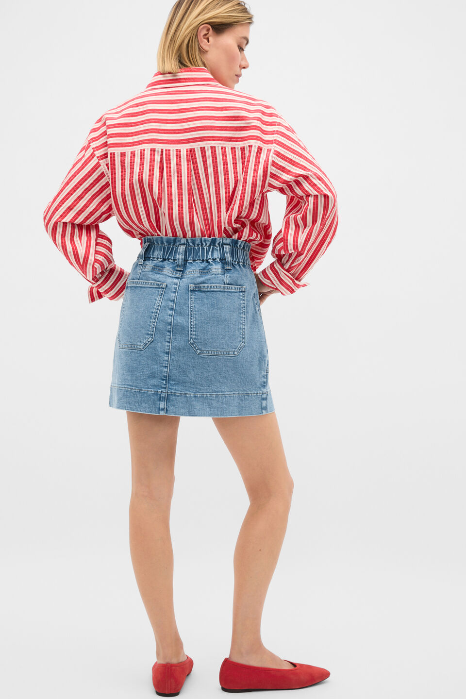 Denim Paperbag Mini Skirt  Mist Blue Wash