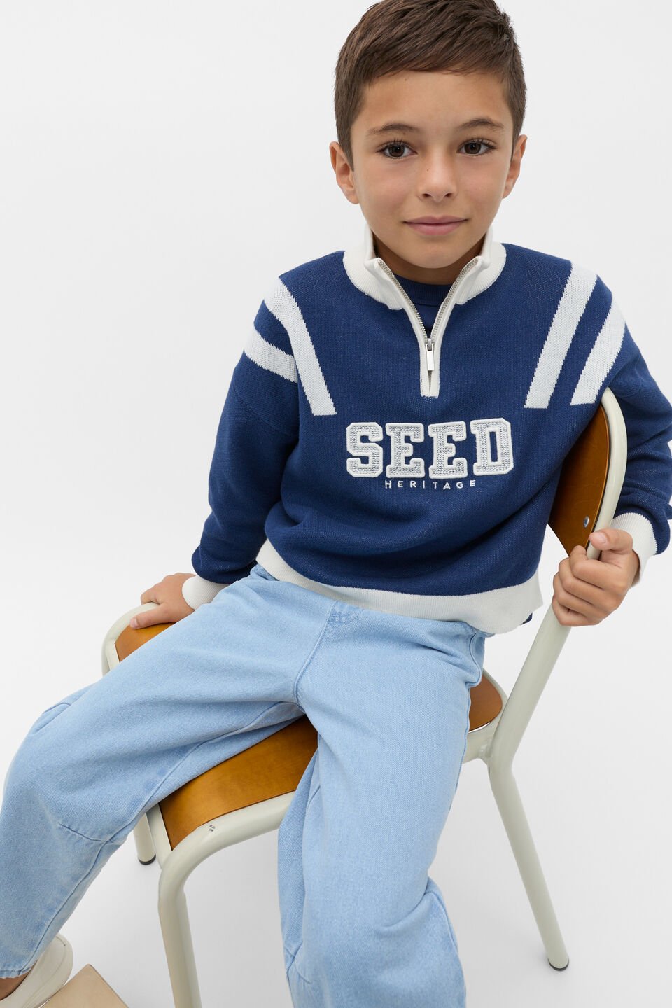 Quarter Zip Logo Knit  French Navy