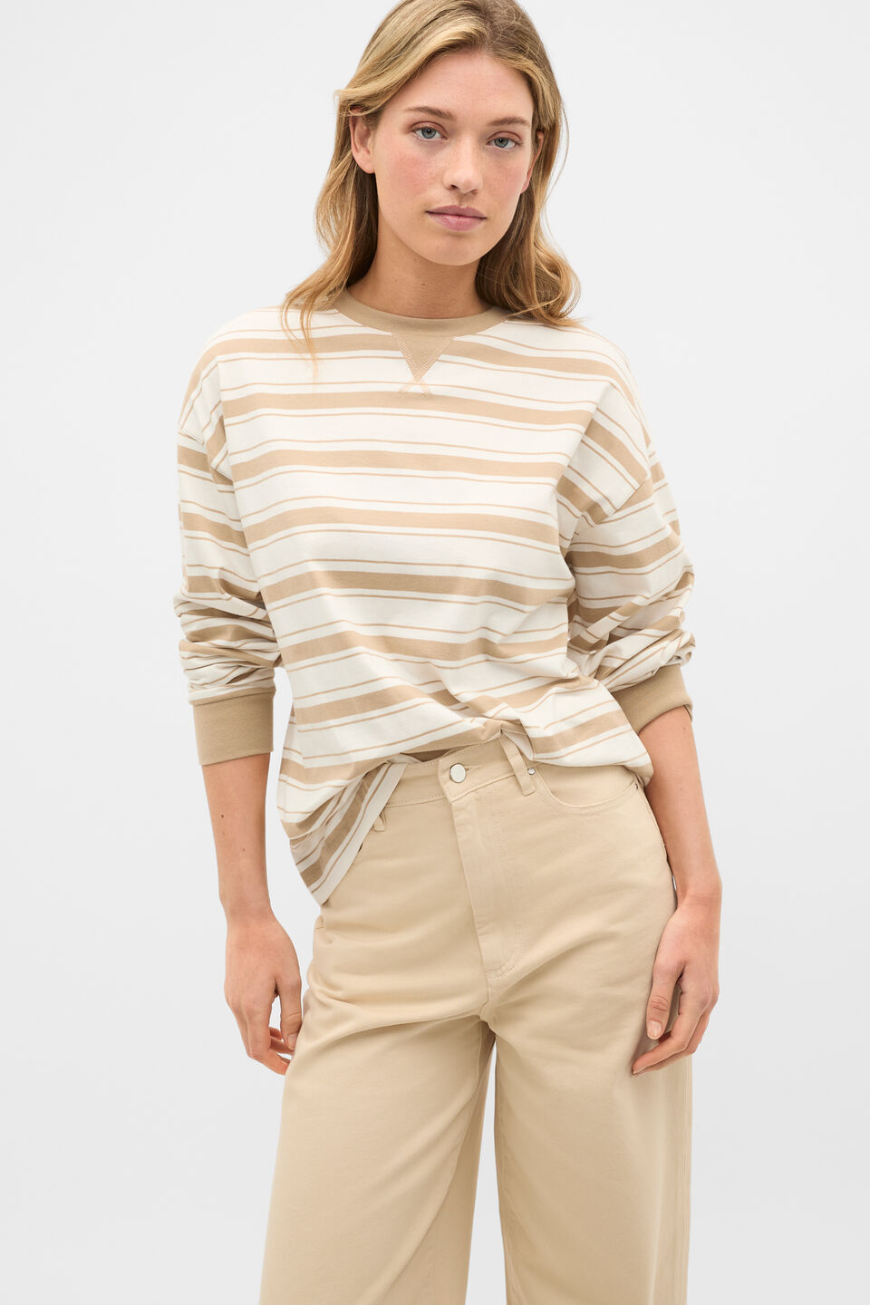 Slouchy Long Sleeve Striped Top  Sand Stone Stripe