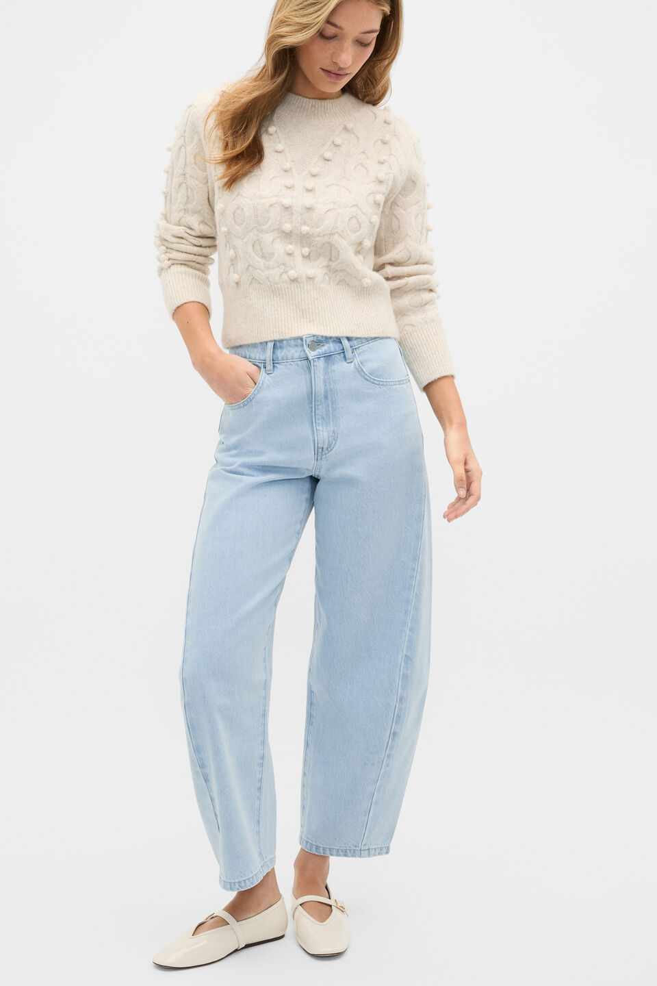 Pom Pom Cable Knit Sweater  Mist Marle