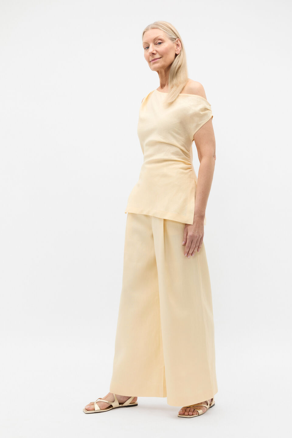 Linen Draped Shoulder Top  Shortbread