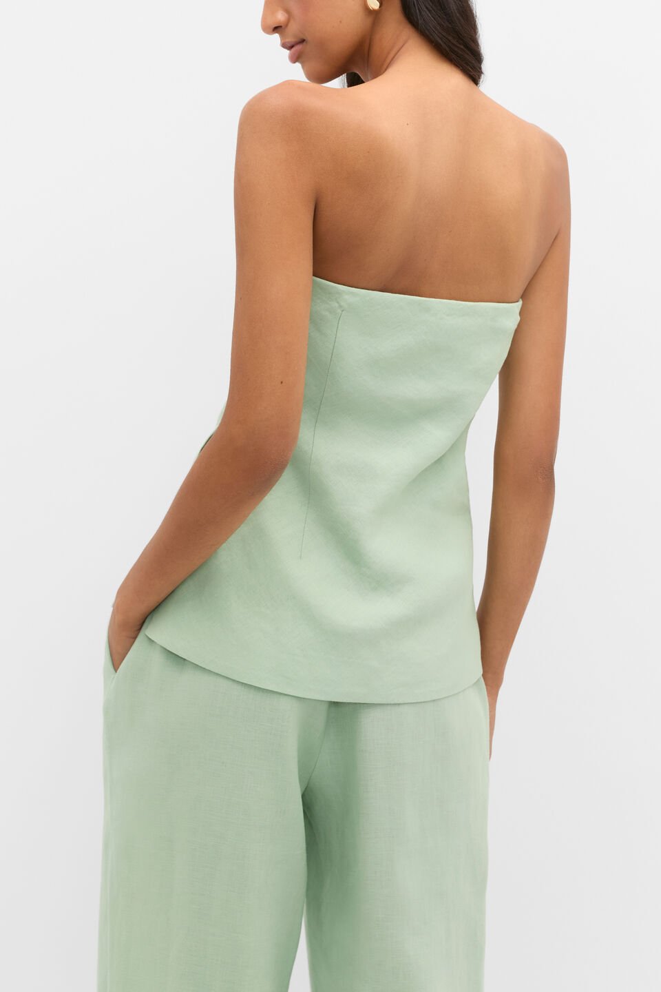 Linen Strapless Tuck Detail Top  Eucalyptus