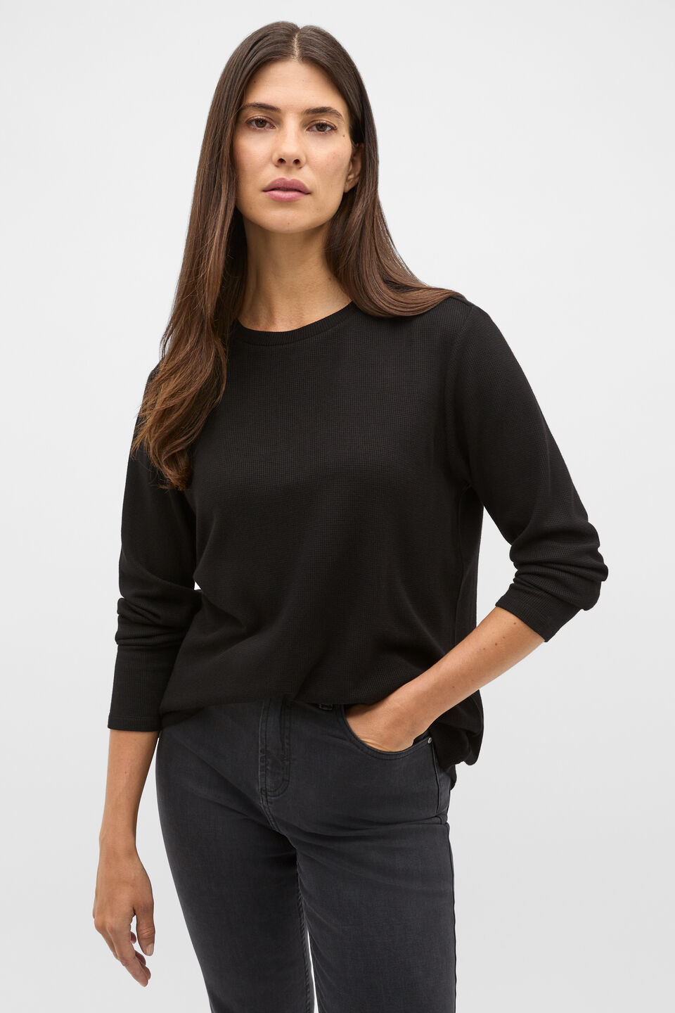 Micro Waffle Crew Neck Top  Black