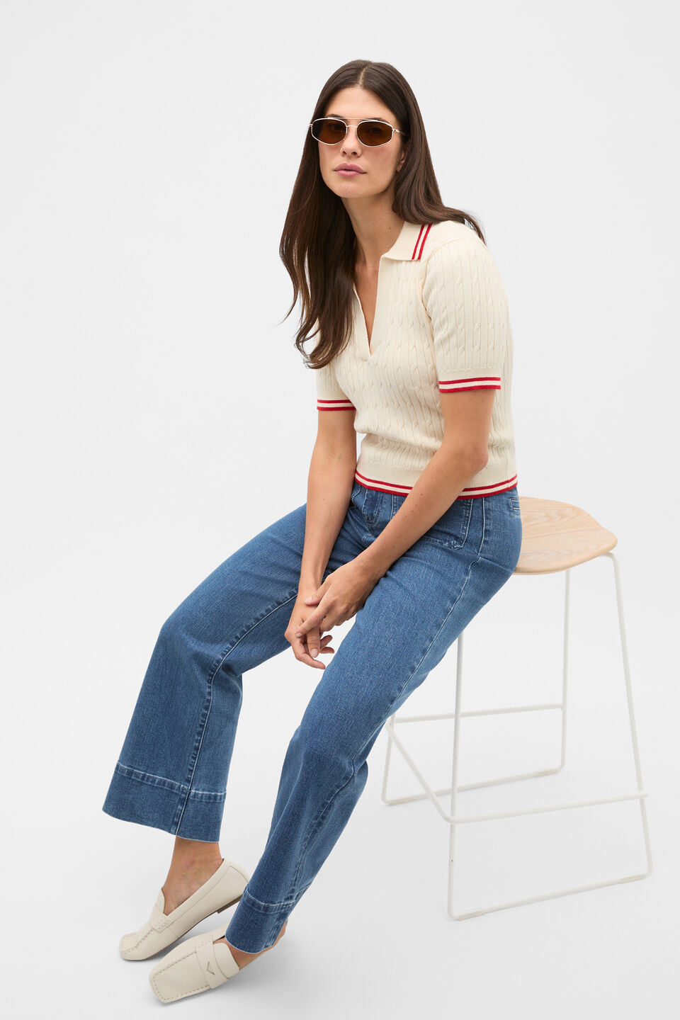 Cotton Cable Knit Tipping Polo  Coconut Cream