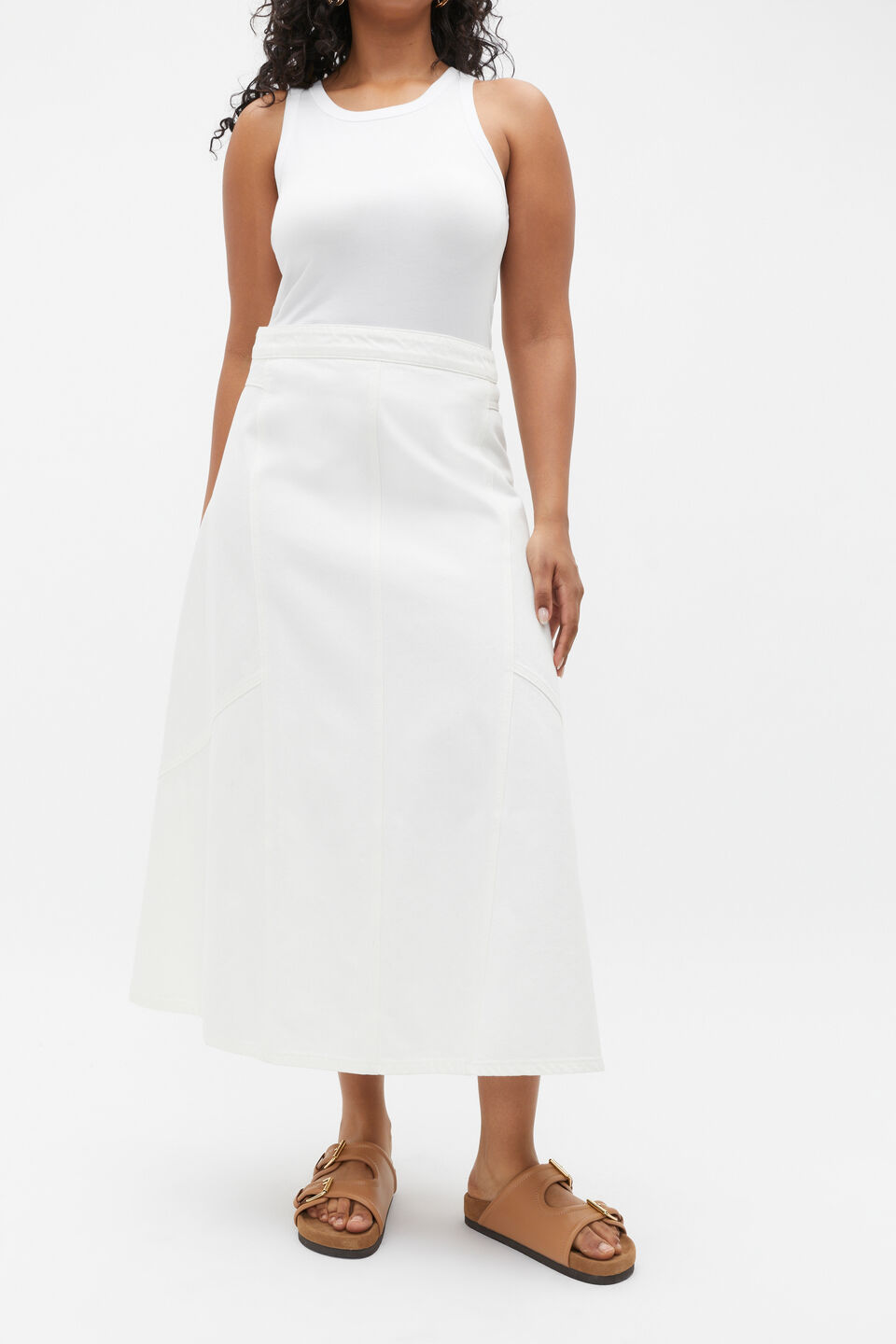 Denim Flare Midi Panel Skirt  Cloud Cream