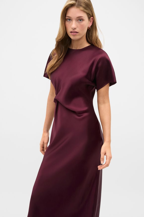 Satin Knot Front Dress  Plum Red  hi-res