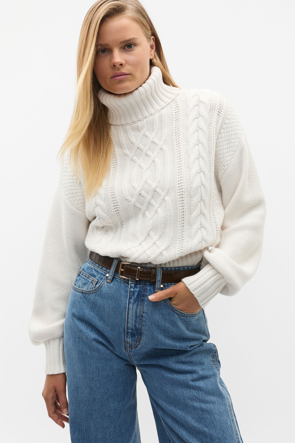 Cable Slouch Roll Neck Knit  Cloud Cream