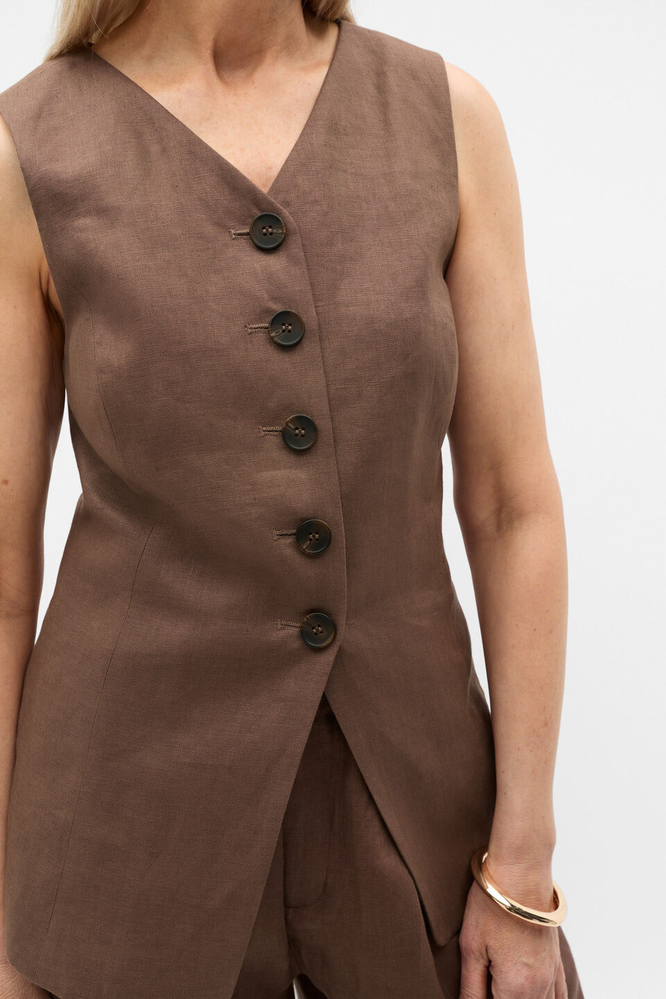 Linen Longline Button Vest  Pinecone
