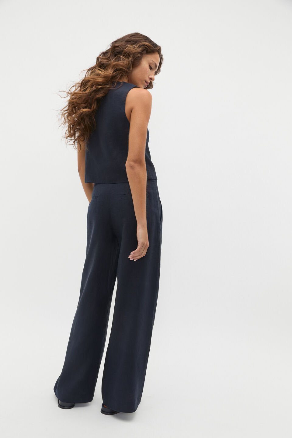 Linen V Neck Button Shell  Twilight Blue