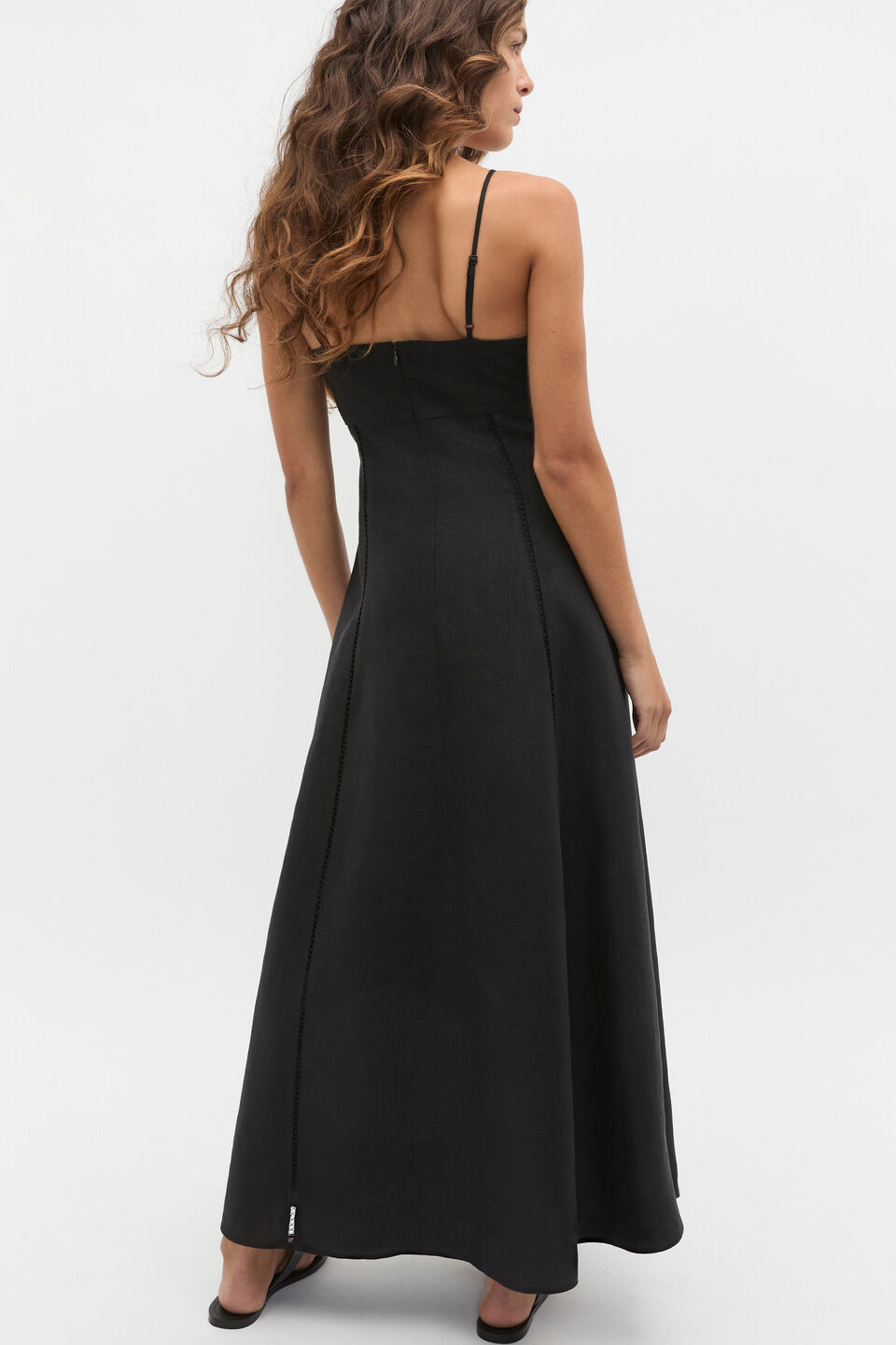 Linen Trim Insert Midi Dress  Black