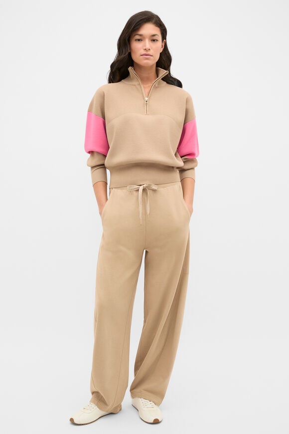 MD Contrast Zip Through Knit  Sandstone  hi-res