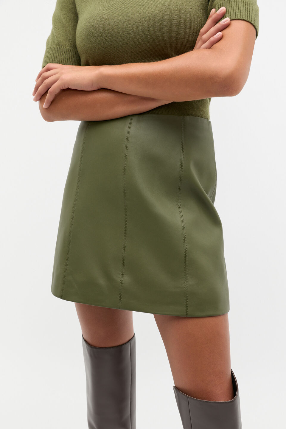 Leather Mini Panel Skirt  Rainforest
