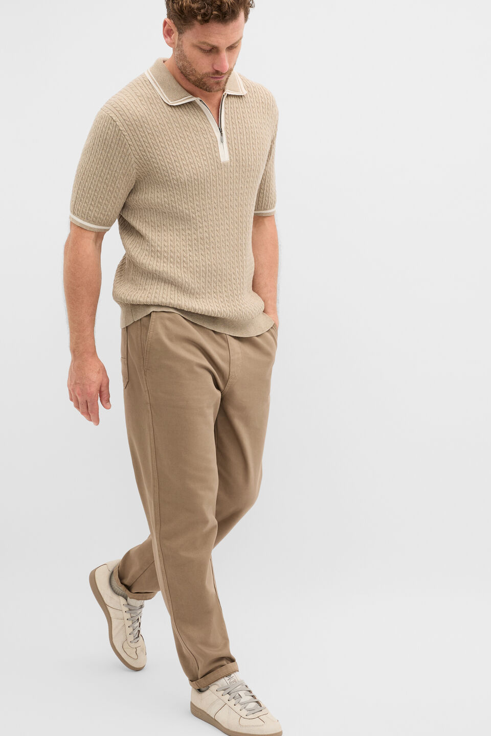 Zipped Cable Knit Polo  Dark Stone