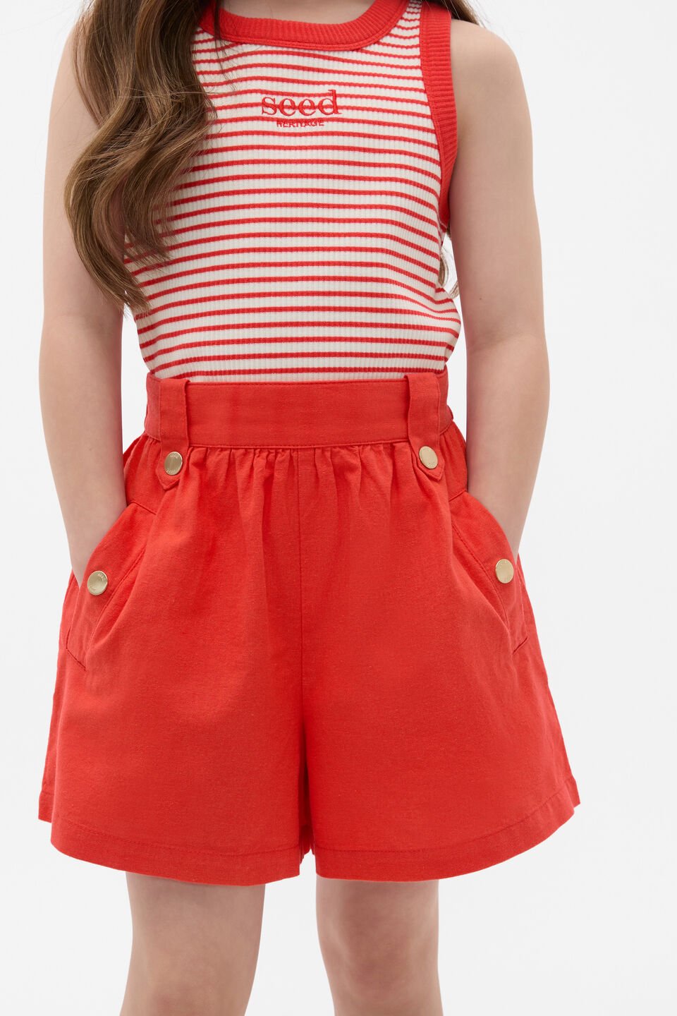 Flat Front Button Short  Strawberry Red