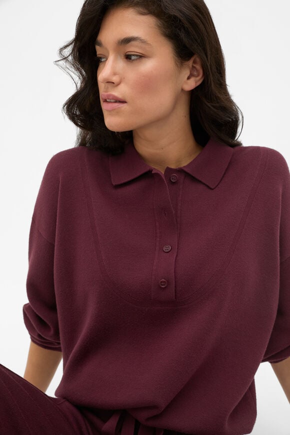 Double Knit Collared Sweater  Plum Red  hi-res