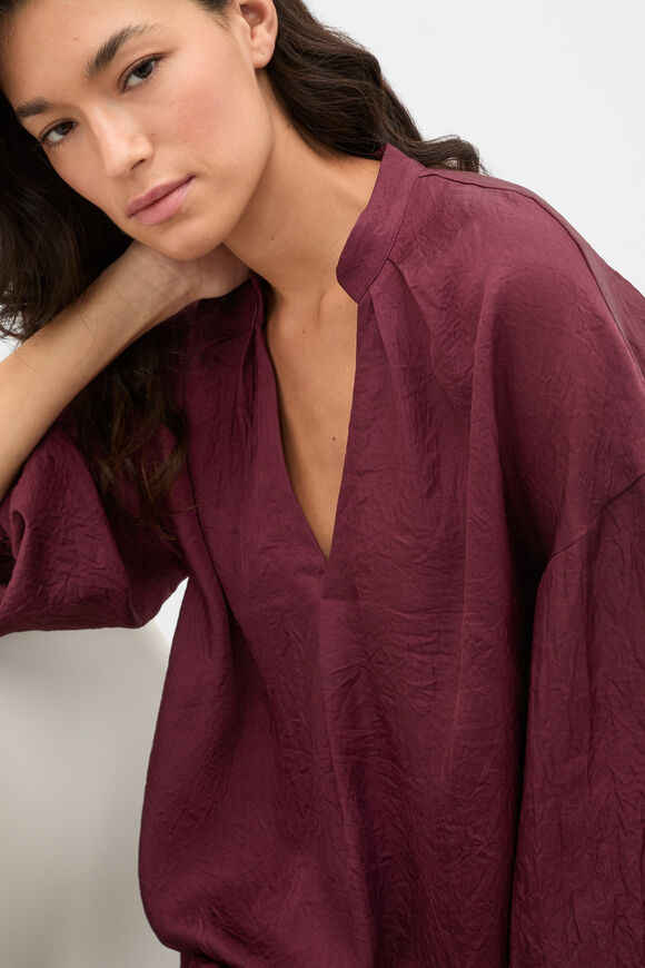 Textured Satin Half Placket Blouse  Plum Red  hi-res