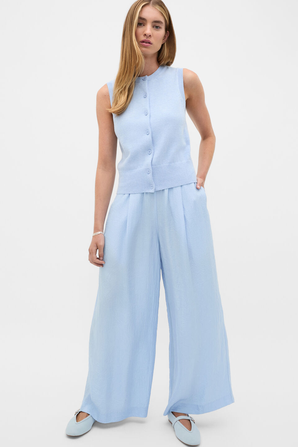 Cotton Blend Button Knit Vest  Arctic Blue Marle