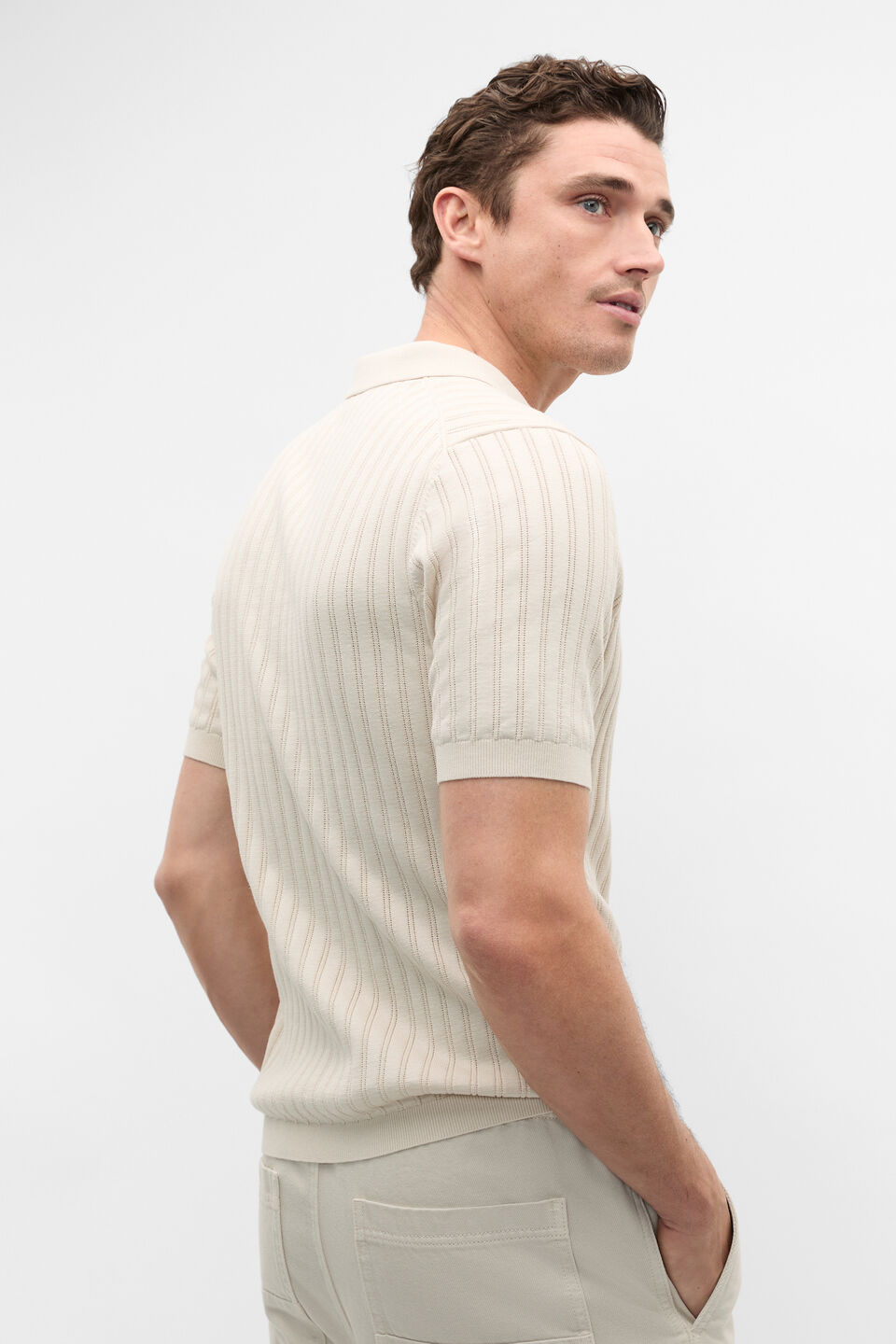 Stripe Cotton Knit Polo  Pebble