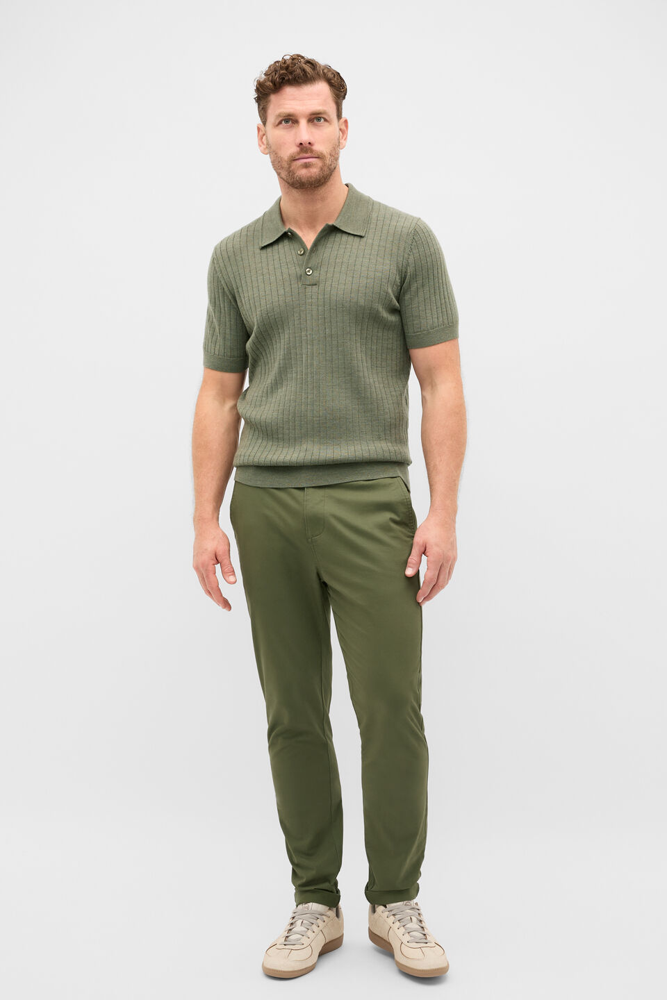 Short Sleeve Merino Knit Polo  Olive Marle