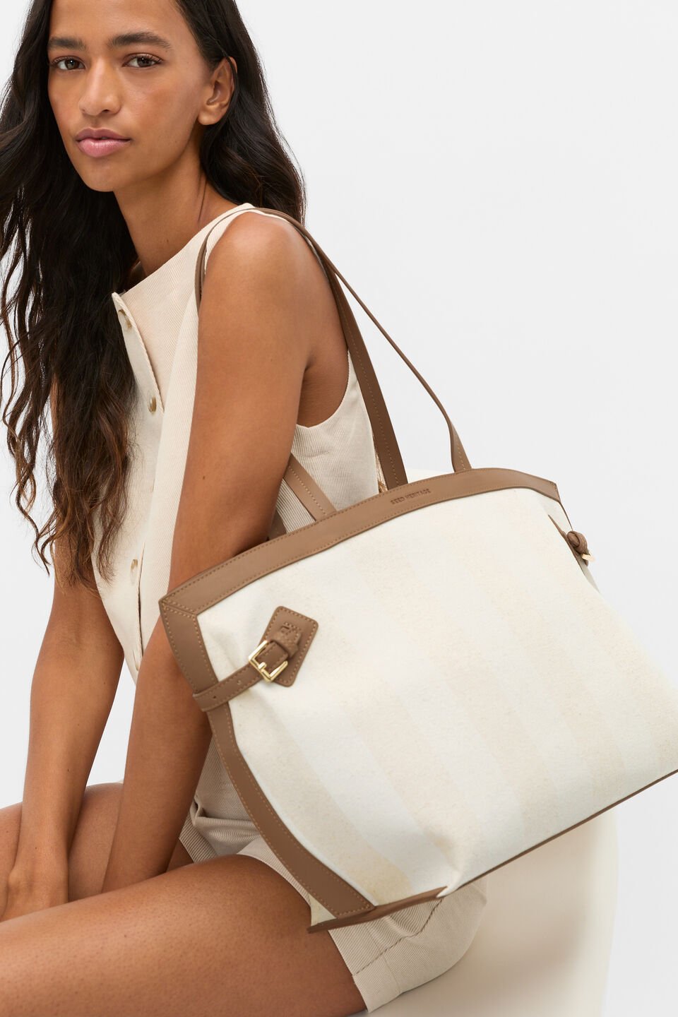 Textured Buckle Tote  Toffee