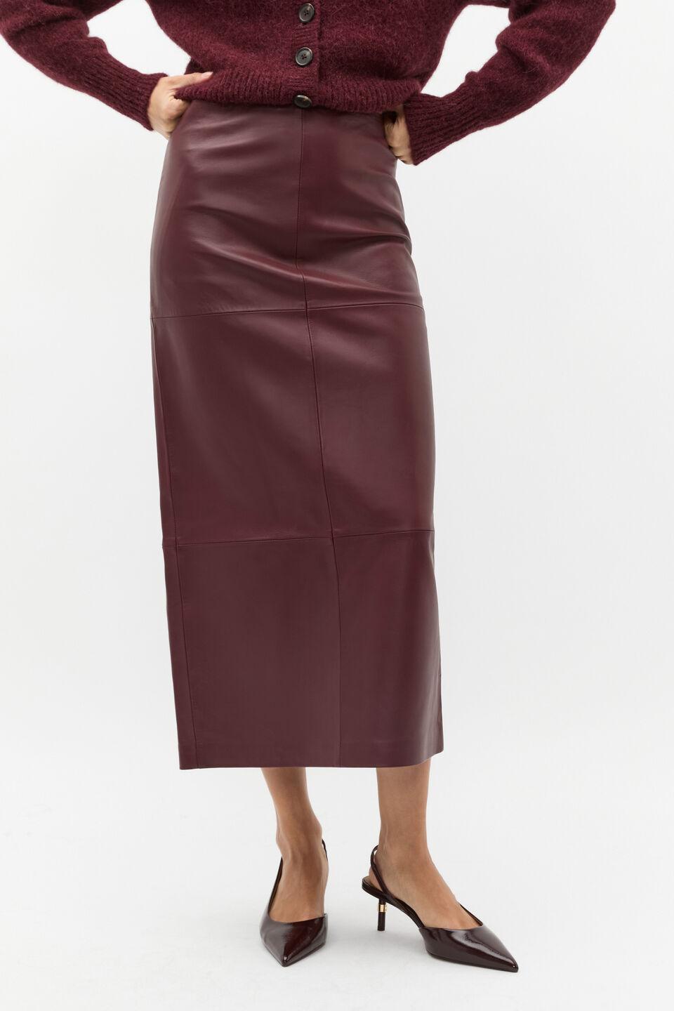 Leather Column Skirt  Plum Red
