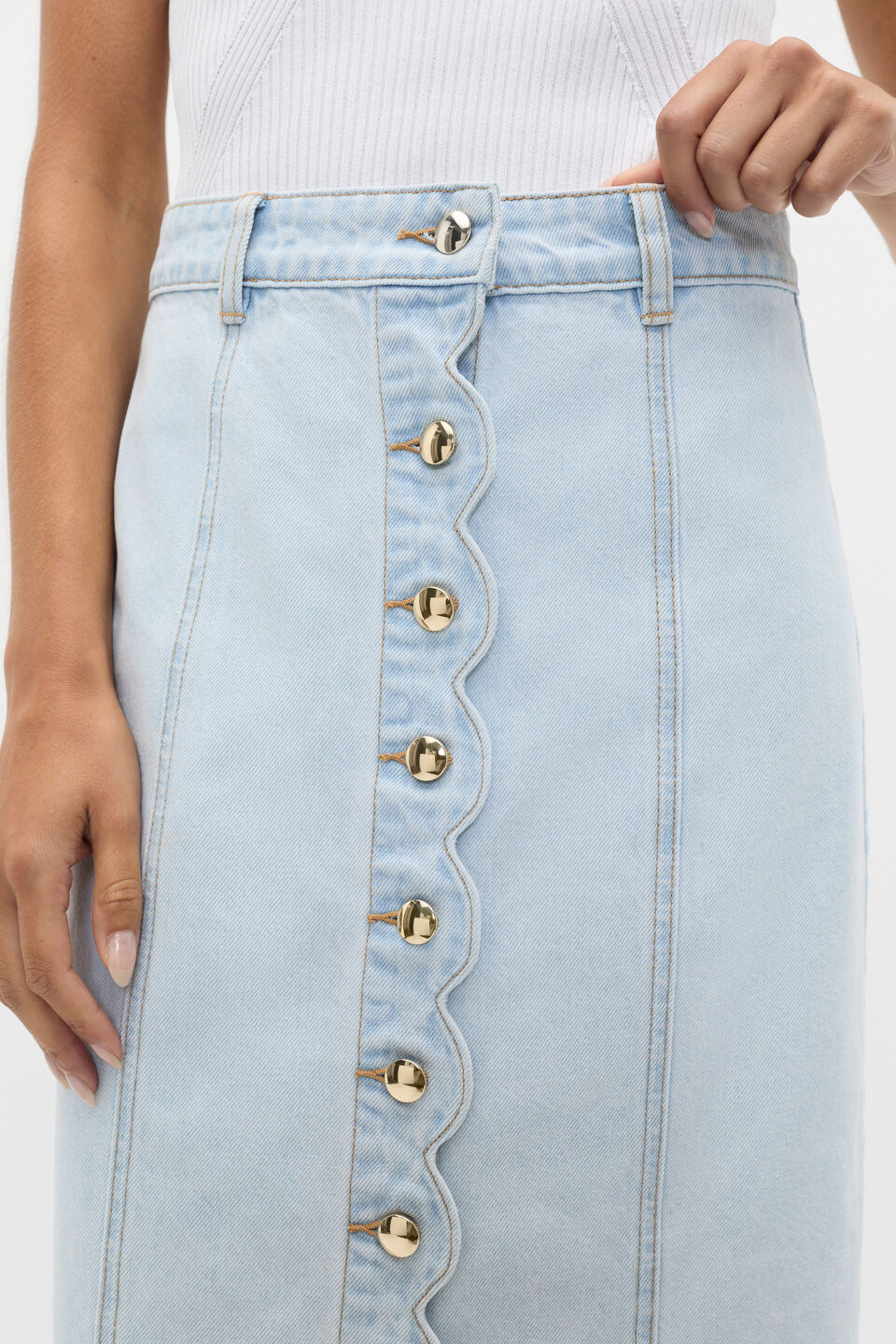 Denim Scallop Midi Skirt  Cornflower Wash