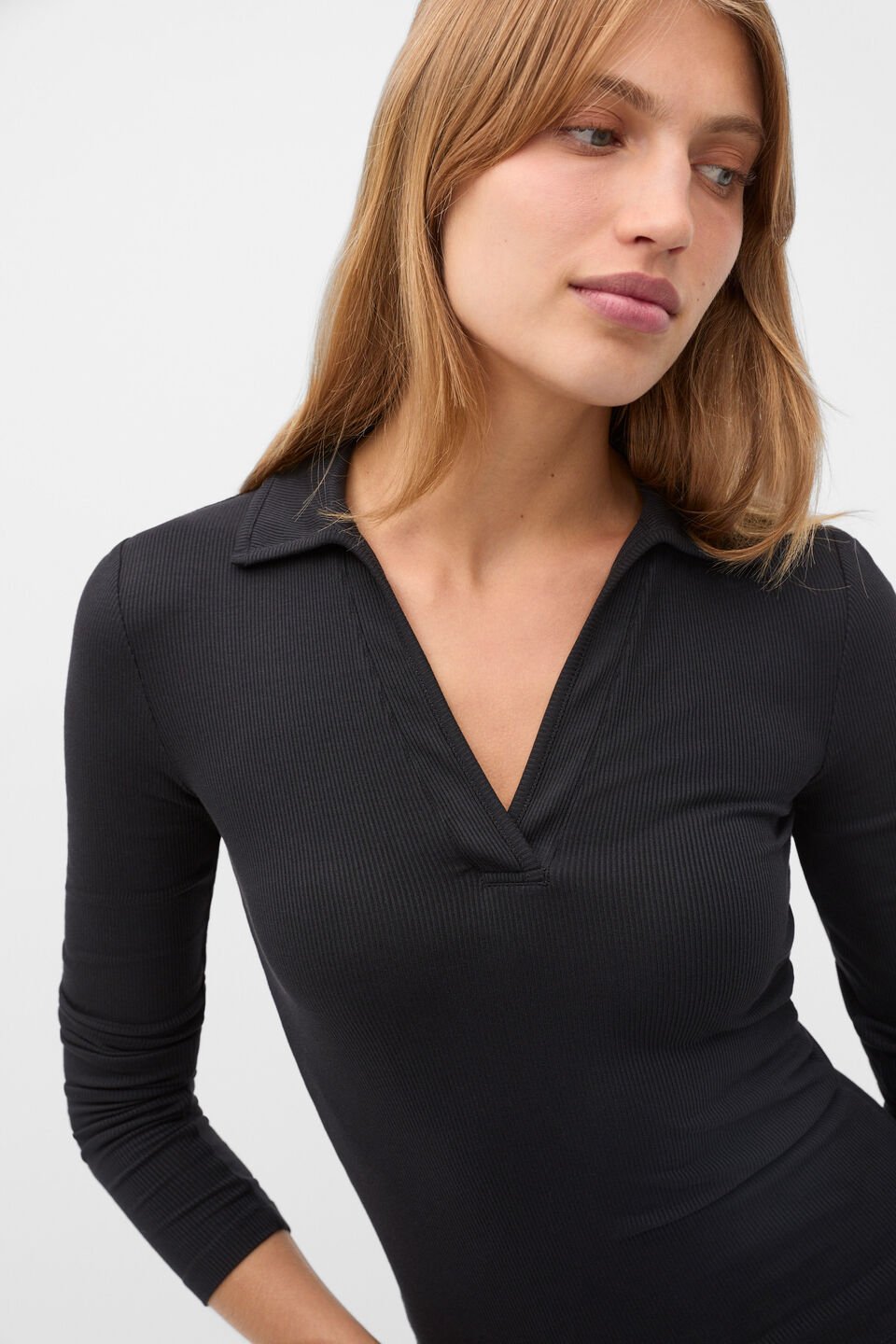 Core Rib Collared Top  Black