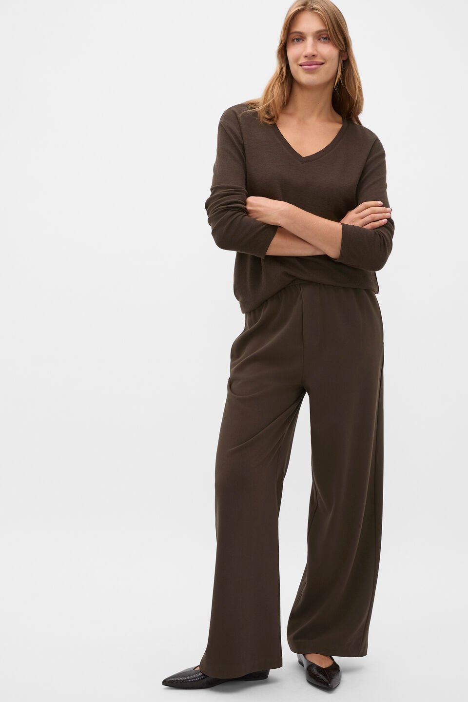 Australian Merino V Neck Top  Coffee Bean