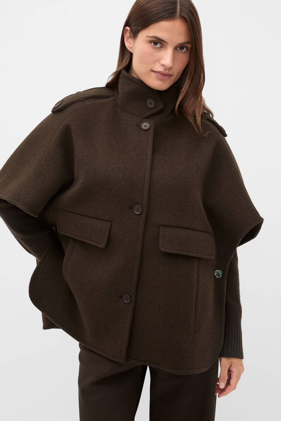 Wool Trench Cape  Coffee Bean