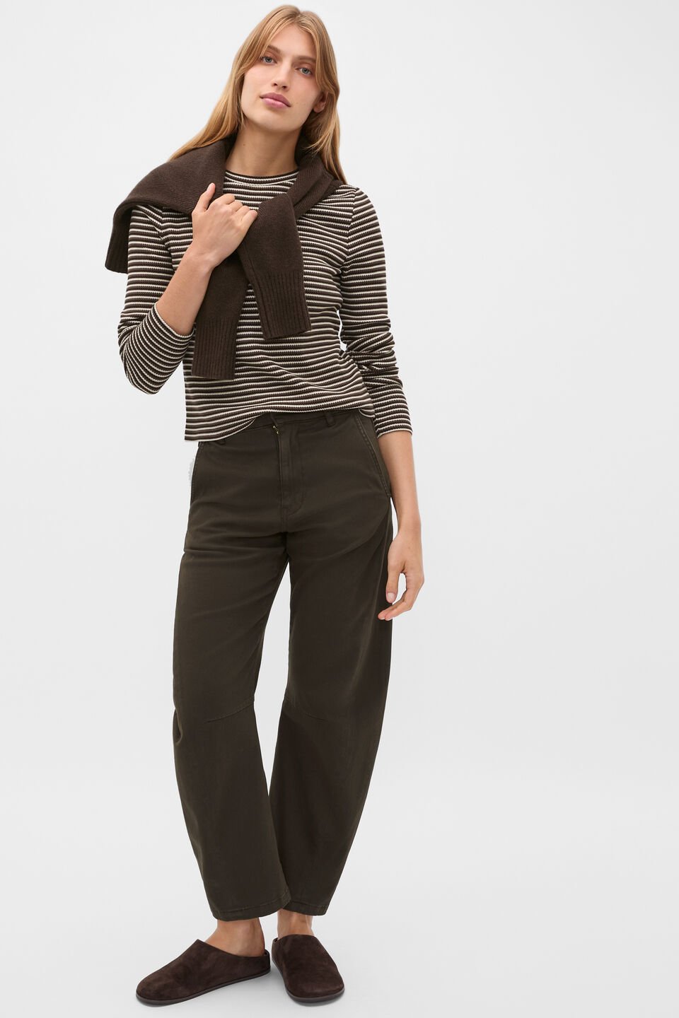 Textured Waffle Crew Neck Top  Coffee Bean Stripe