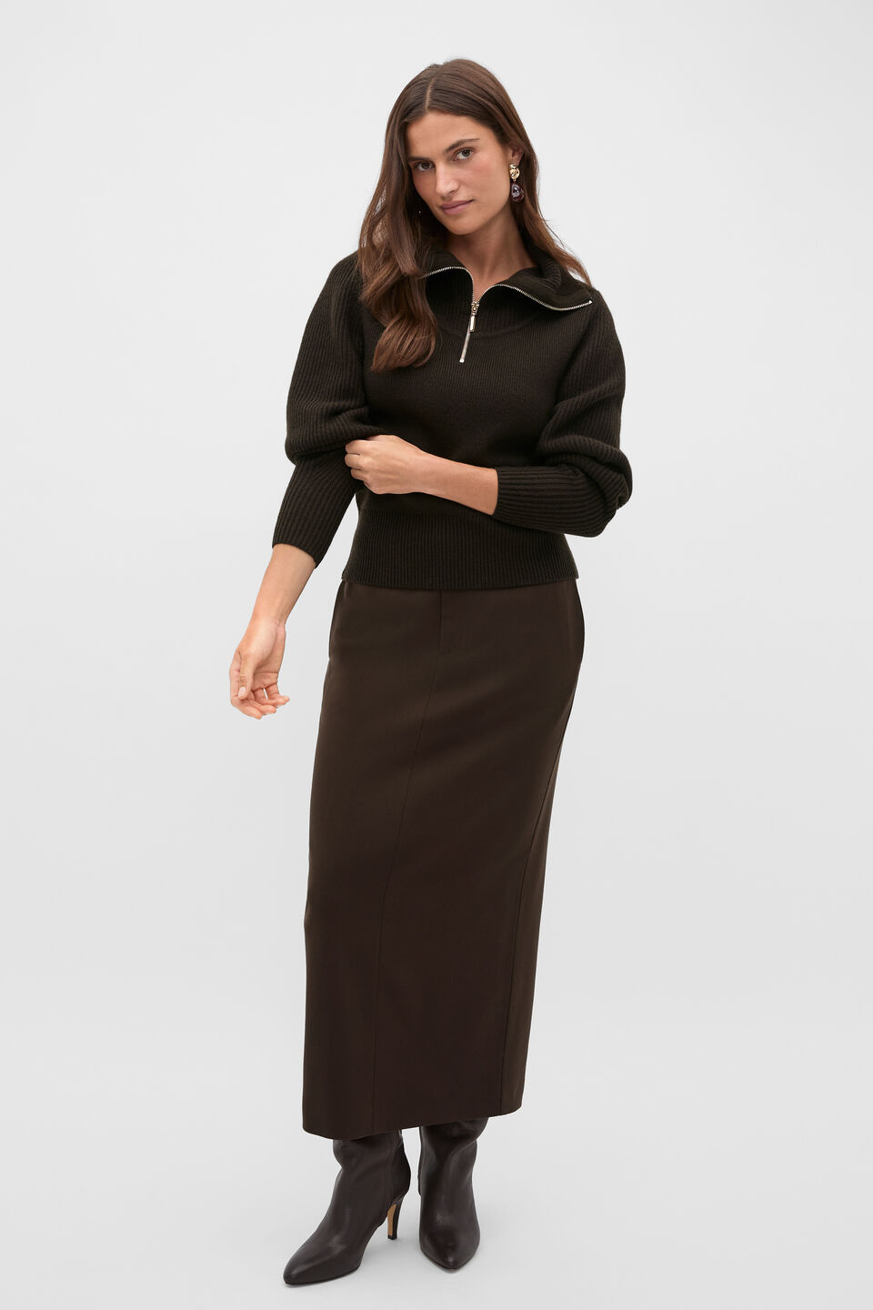 Zip Through Funnel Neck Knit  Coffee Bean