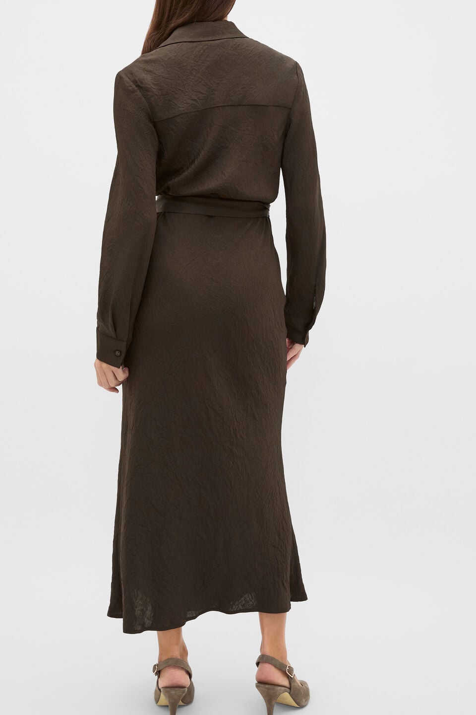 Textured Satin Wrap Shirt Dress  Coffee Bean