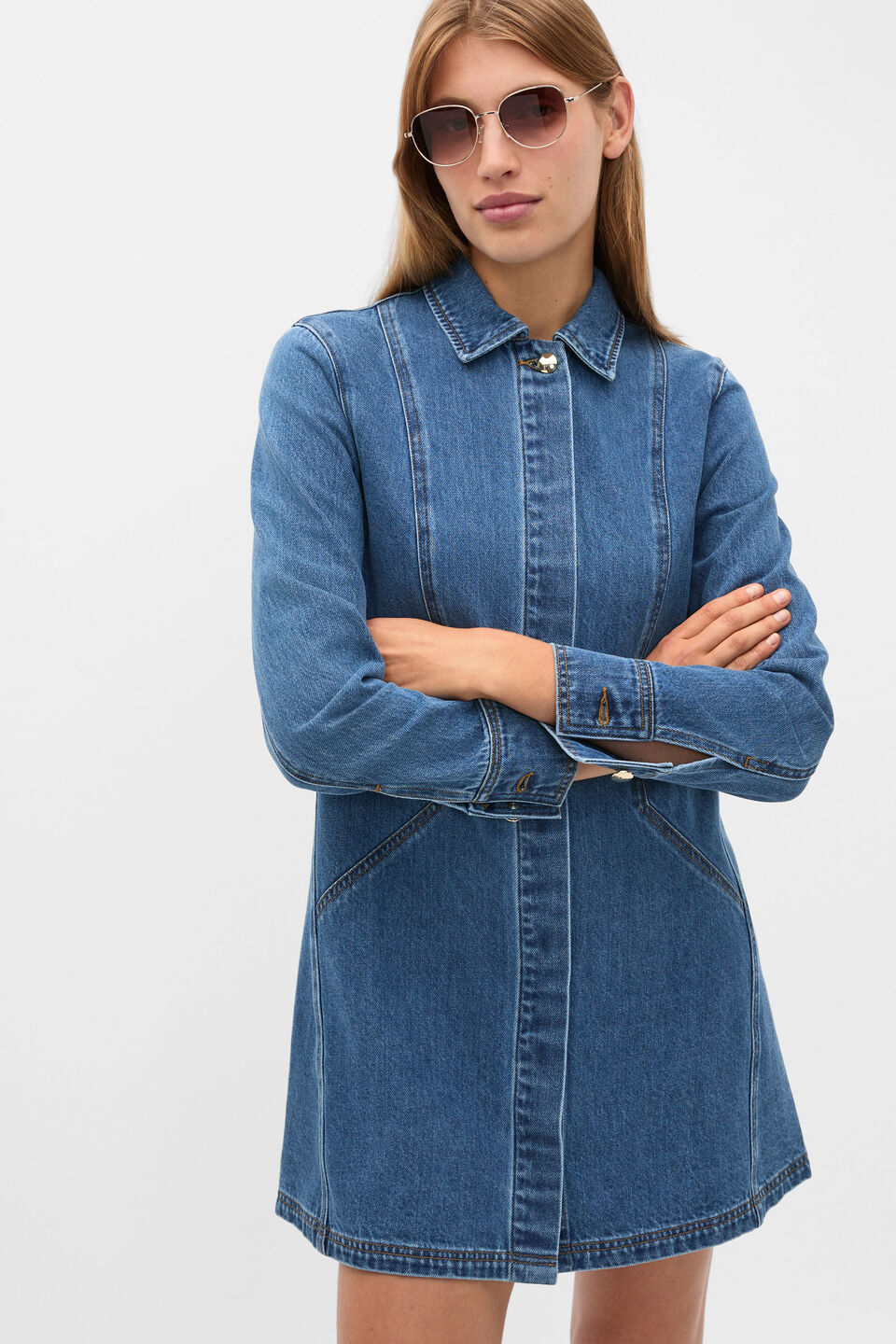 Denim Longsleeve Mini Dress  Mid Indigo Denim
