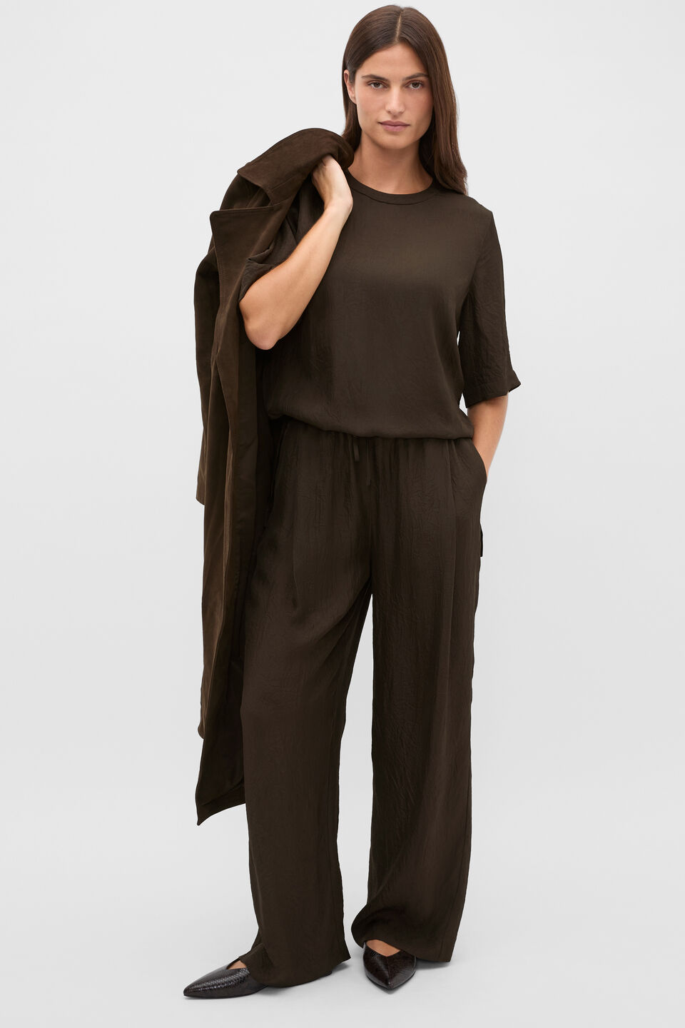 Textured Satin Straight Leg Pant  Coffee Bean