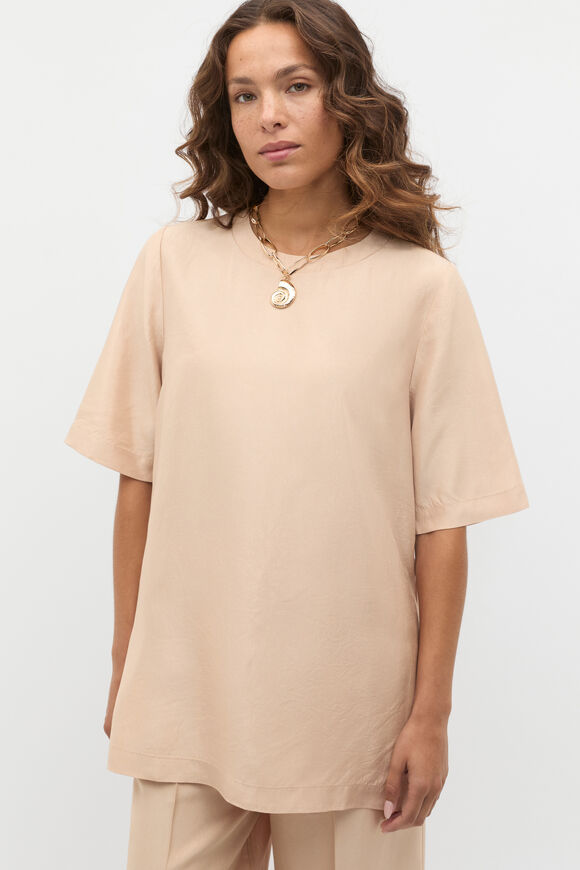 Crinkled Satin Split Hem Tee  Ecru  hi-res